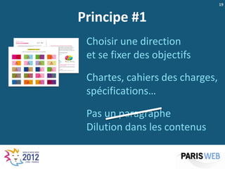 19


Principe #1
 Choisir une direction
 et se fixer des objectifs
 Chartes, cahiers des charges,
 spécifications…
 Pas un paragraphe
 Dilution dans les contenus
 