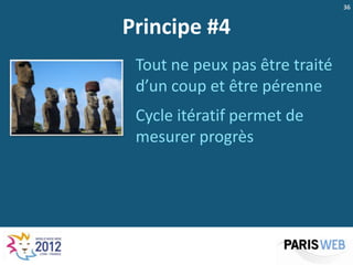36


Principe #4
 Tout ne peux pas être traité
 d’un coup et être pérenne
 Cycle itératif permet de
 mesurer progrès
 