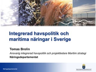 Integrerad havspolitik och 
maritima näringar i Sverige 
Tomas Brolin 
Ansvarig integrerad havspolitik och projektledare Maritim strategi 
Näringsdepartementet 
Näringsdepartementet 
 