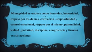 Integridad se traduce como honradez, honestidad,
respeto por los demas, correccion , resposabilidad ,
control emocional, respeto por si mismo, puntualidad,
lealtad , pulcritud, disciplina, congruencia y firmesa
en sus acciones
 