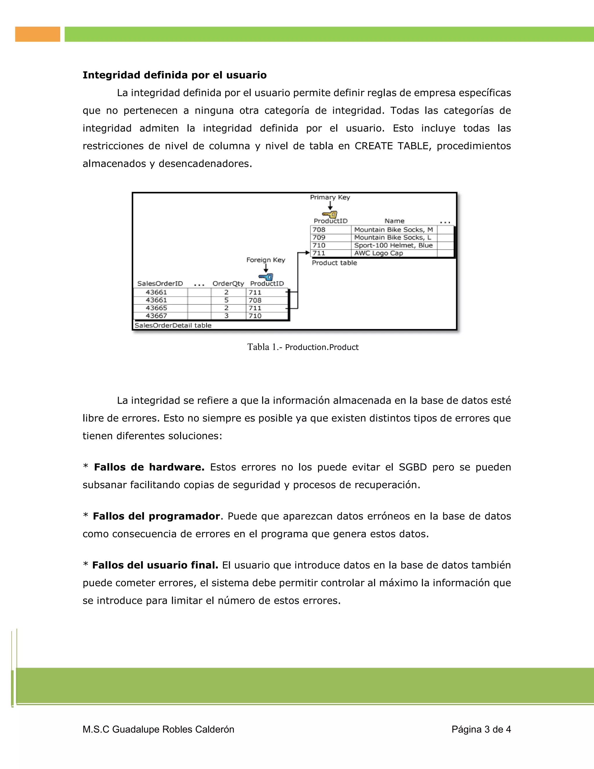 Integridad definida por el usuario
La integridad definida por el usuario permite definir reglas de empresa específicas
que no pertenecen a ninguna otra categoría de integridad. Todas las categorías de
integridad admiten la integridad definida por el usuario. Esto incluye todas las
restricciones de nivel de columna y nivel de tabla en CREATE TABLE, procedimientos
almacenados y desencadenadores.

Tabla 1.- Production.Product

La integridad se refiere a que la información almacenada en la base de datos esté
libre de errores. Esto no siempre es posible ya que existen distintos tipos de errores que
tienen diferentes soluciones:
* Fallos de hardware. Estos errores no los puede evitar el SGBD pero se pueden
subsanar facilitando copias de seguridad y procesos de recuperación.
* Fallos del programador. Puede que aparezcan datos erróneos en la base de datos
como consecuencia de errores en el programa que genera estos datos.
* Fallos del usuario final. El usuario que introduce datos en la base de datos también
puede cometer errores, el sistema debe permitir controlar al máximo la información que
se introduce para limitar el número de estos errores.

M.S.C Guadalupe Robles Calderón

Página 3 de 4

 