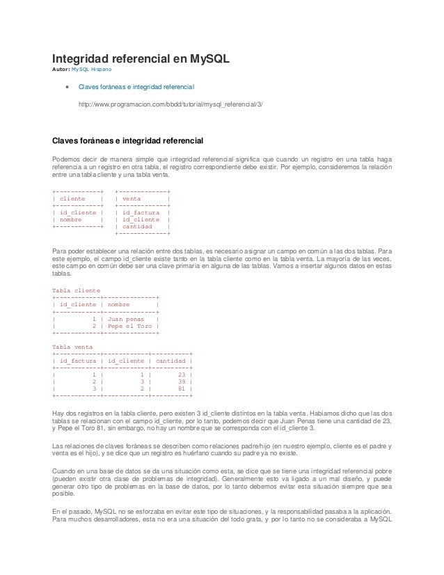 Integridad referencial en my sql