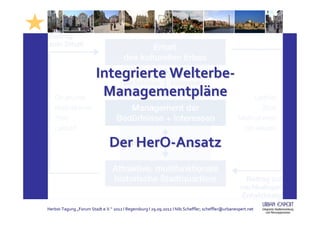 Integrierte Welterbe-
                          Managementpläne


                                Der HerO-Ansatz

                                                                                     Nils Scheffler
                                                                                     scheffler@urbanexpert.net

Herbst-Tagung „Forum Stadt e.V.“ 2012 I Regensburg I 29.09.2012 I Nils Scheffler; scheffler@urbanexpert.net
 
