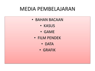 MEDIA PEMBELAJARAN
• BAHAN BACAAN
• KASUS
• GAME
• FILM PENDEK
• DATA
• GRAFIK
 