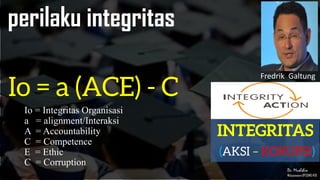 Dr. Muslihin
Widyaiswara BPSDMD NTB
perilaku integritas
Io = Integritas Organisasi
a = alignment/Interaksi
A = Accountability
C = Competence
E = Ethic
C = Corruption
Fredrik Galtung
 