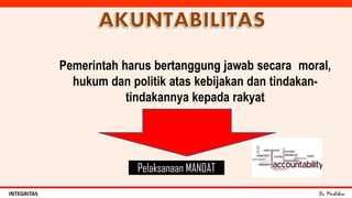 Dr. MuslihinINTEGRITAS
Pemerintah harus bertanggung jawab secara moral,
hukum dan politik atas kebijakan dan tindakan-
tindakannya kepada rakyat
Pelaksanaan MANDAT
 