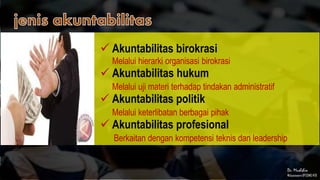 Dr. Muslihin
Widyaiswara BPSDMD NTB
 Akuntabilitas birokrasi
Melalui hierarki organisasi birokrasi
 Akuntabilitas hukum
Melalui uji materi terhadap tindakan administratif
 Akuntabilitas politik
Melalui keterlibatan berbagai pihak
 Akuntabilitas profesional
Berkaitan dengan kompetensi teknis dan leadership
 