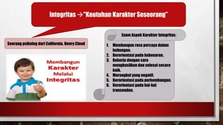 Integritas "Keutuhan Karakter Seseorang” 
Enam Aspek Karakter Integritas: 
Seorang psikolog dari California, Henry Cloud 1. Membangun rasa percaya dalam 
hubungan. 
2. Berorientasi pada kebenaran. 
3. Bekerja dengan cara 
menghasilkan dan selesai secara 
baik. 
4. Merangkul yang negatif. 
5. Berorientasi pada perkembangan. 
6. Berorientasi pada hal-hal 
transenden. 
 