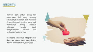 INTEGRITAS
Berbuat baik untuk orang lain
merupakan hal yang memang
seharusnya dilakukan oleh manusia.
Orang dengan integritas yang baik
mempunyai prinsip tersebut,
sehingga mereka tidak
mengharapkan balasan dari
perbuatan baik mereka.
"Someone with true integrity does
does not place their own desires
desires above all else", Becky Lee.
 