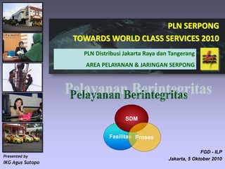 PLN Serpong 2010
FGD - ILP
Jakarta, 5 Oktober 2010
PLN SERPONG
TOWARDS WORLD CLASS SERVICES 2010
PLN Distribusi Jakarta Raya dan Tangerang
AREA PELAYANAN & JARINGAN SERPONG
IKG Agus Sutopo
Presented by
Fasilitas
SDM
Proses
 