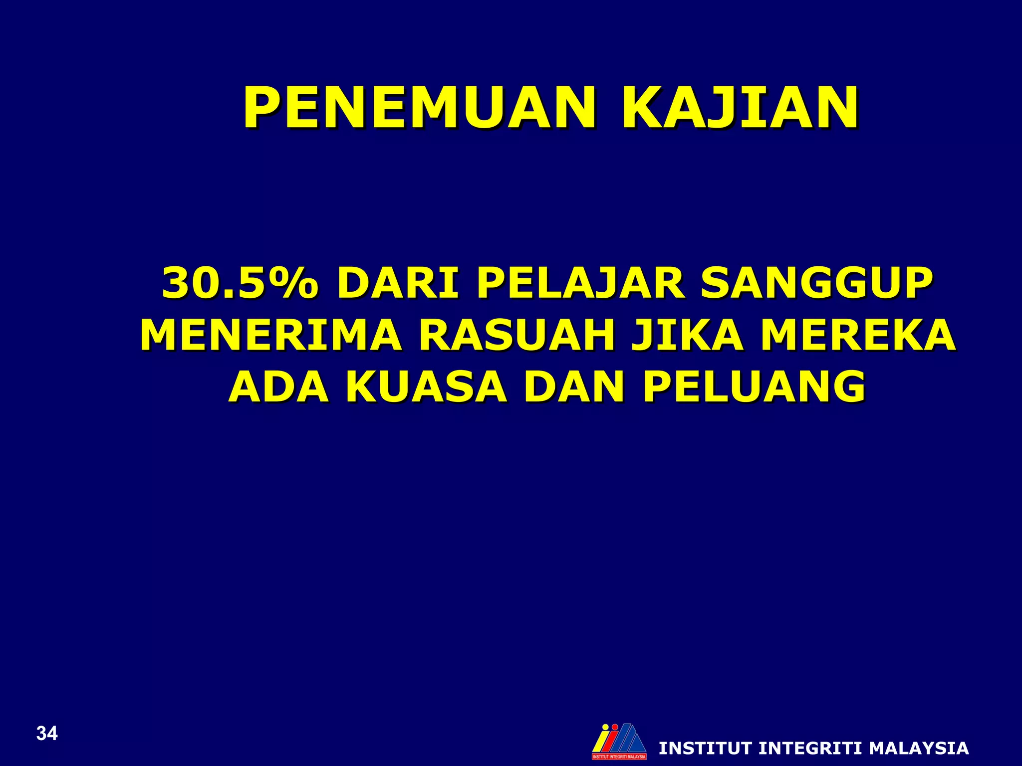 30.5% DARI PELAJAR SANGGUP MENERIMA RASUAH JIKA MEREKA ADA KUASA DAN PELUANG INSTITUT INTEGRITI MALAYSIA PENEMUAN KAJIAN 