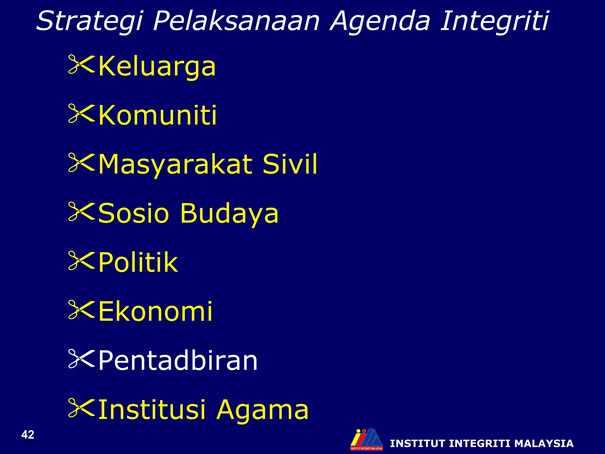 INSTITUT INTEGRITI MALAYSIA Strategi Pelaksanaan Agenda Integriti Keluarga Komuniti Masyarakat Sivil Sosio Budaya Politik Ekonomi Pentadbiran Institusi Agama 