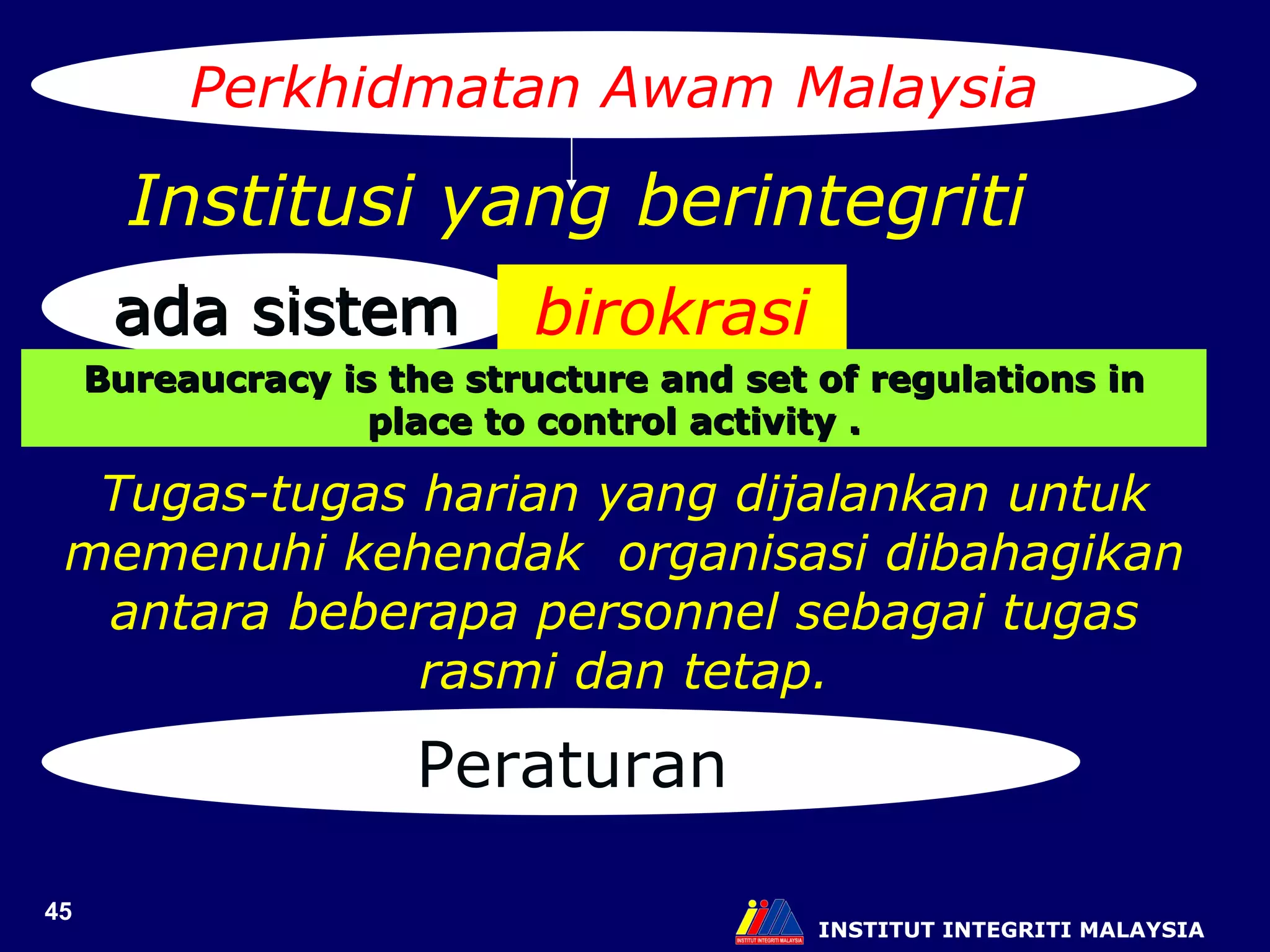 INSTITUT INTEGRITI MALAYSIA Perkhidmatan Awam Malaysia Institusi yang berintegriti ada sistem birokrasi Bureaucracy is the structure and set of regulations in place to control activity . Peraturan Tugas-tugas harian yang dijalankan untuk memenuhi kehendak  organisasi dibahagikan antara beberapa personnel sebagai tugas rasmi dan tetap. 