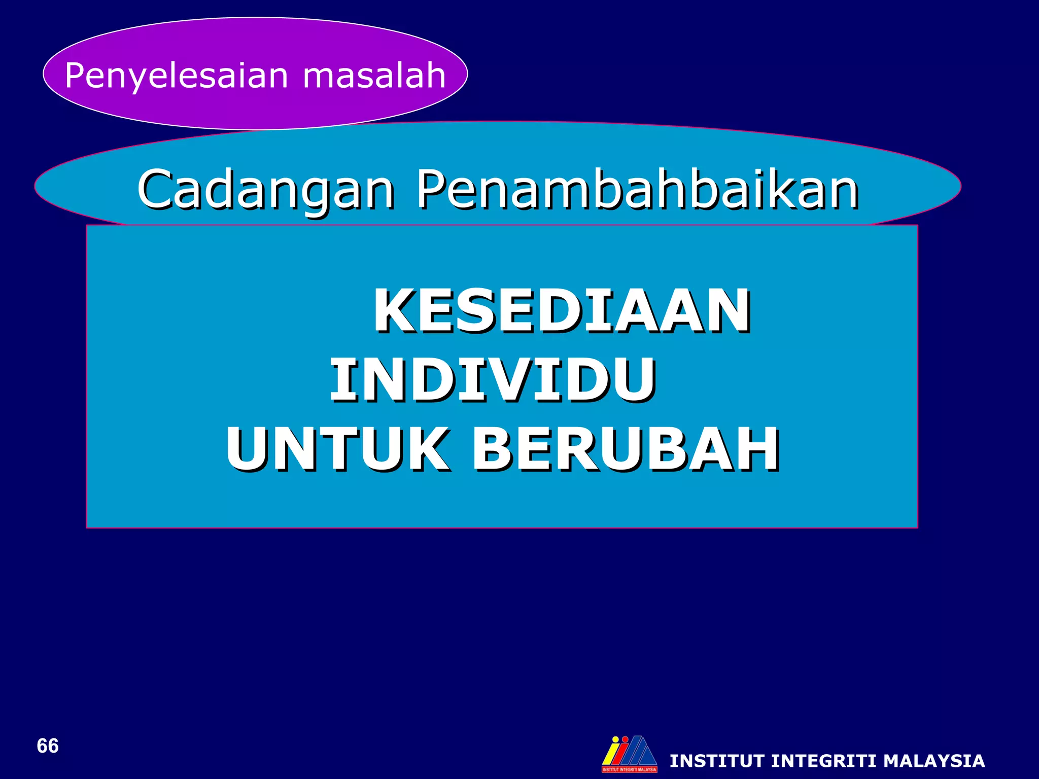INSTITUT INTEGRITI MALAYSIA Cadangan Penambahbaikan KESEDIAAN  INDIVIDU  UNTUK BERUBAH Penyelesaian masalah 