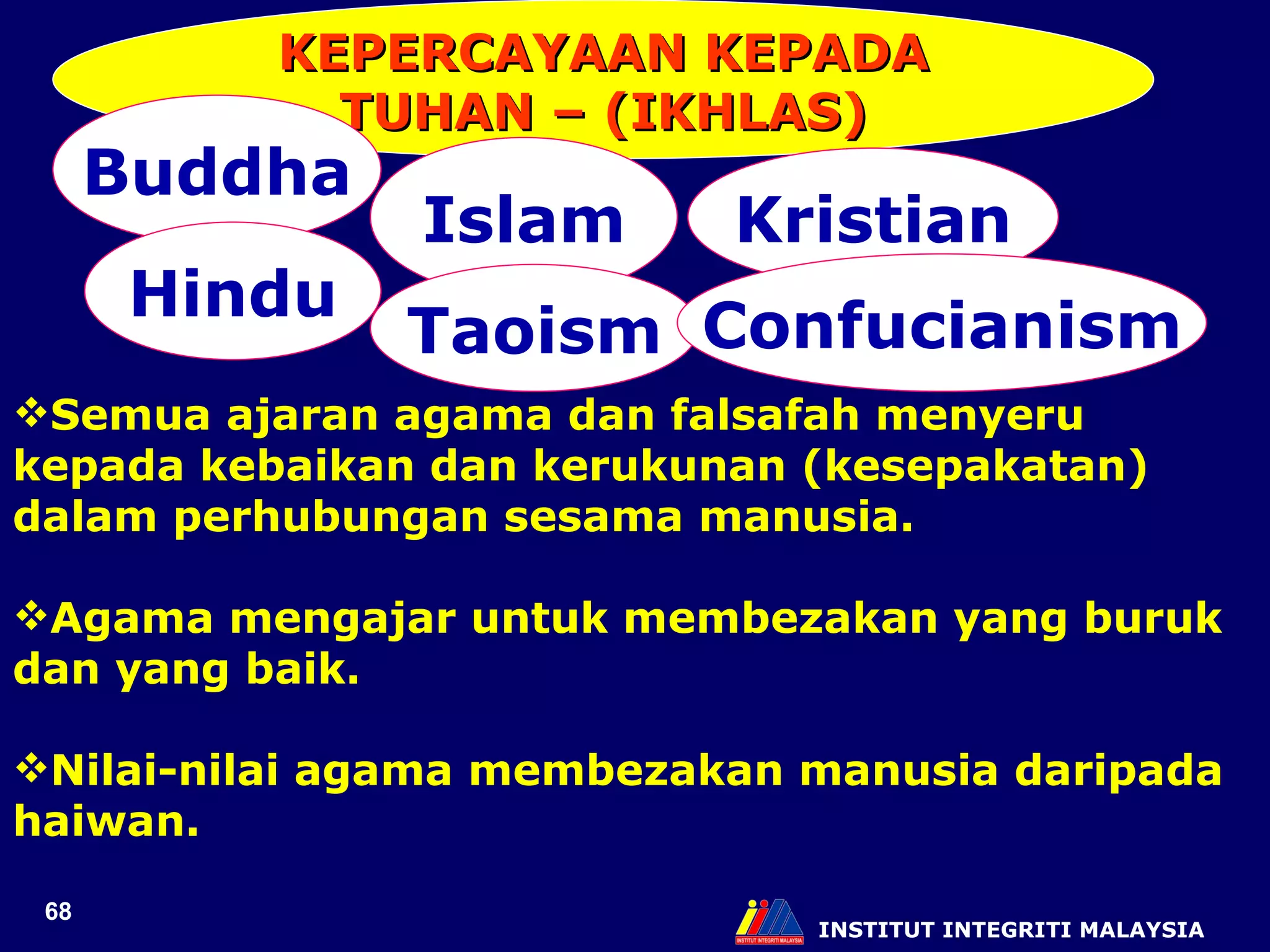 INSTITUT INTEGRITI MALAYSIA KEPERCAYAAN KEPADA TUHAN – (IKHLAS) Islam Kristian Buddha Hindu Taoism Confucianism Semua ajaran agama dan falsafah menyeru kepada kebaikan dan kerukunan (kesepakatan) dalam perhubungan sesama manusia. Agama mengajar untuk membezakan yang buruk dan yang baik. Nilai-nilai agama membezakan manusia daripada haiwan. 