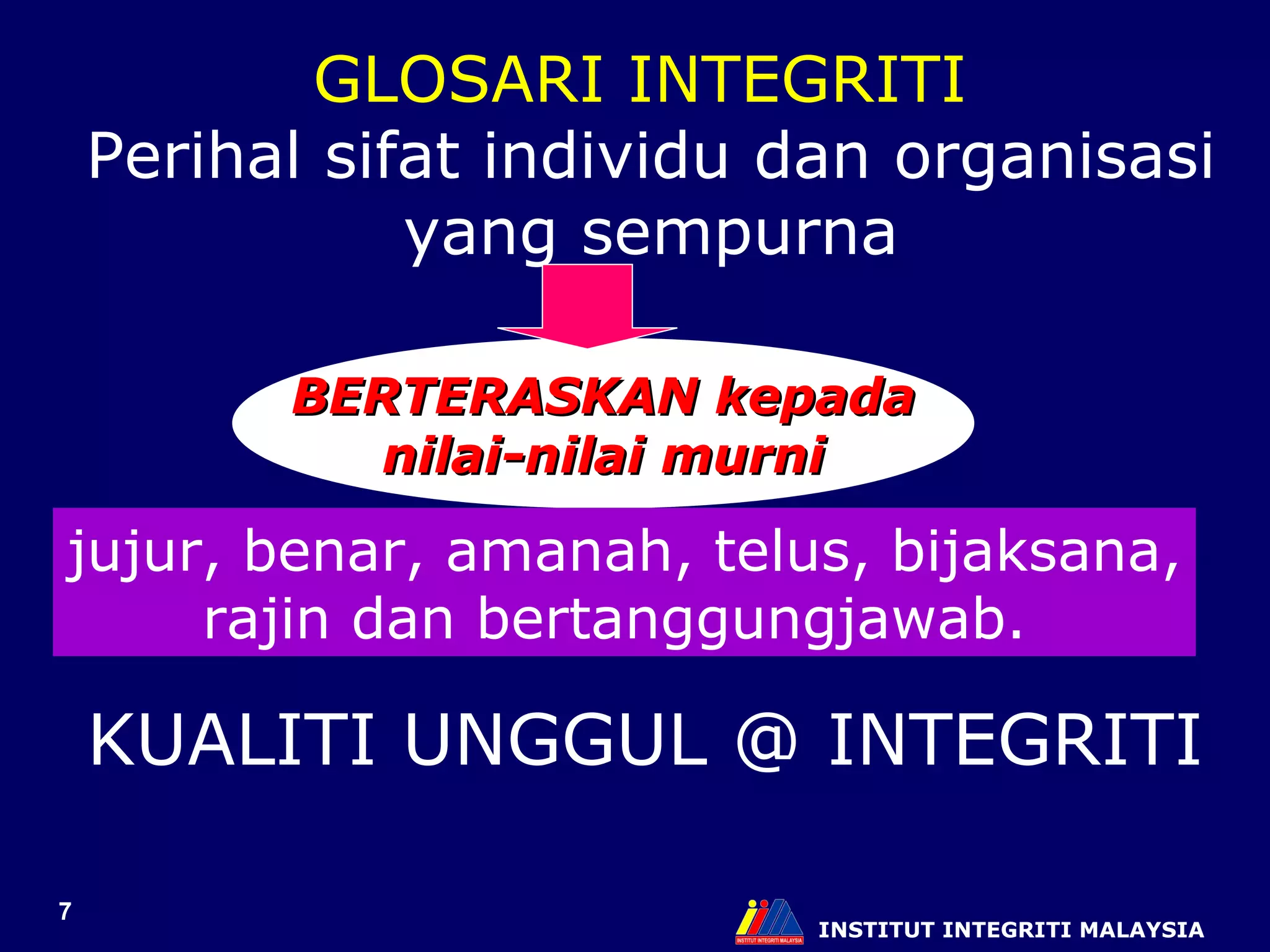 INSTITUT INTEGRITI MALAYSIA GLOSARI INTEGRITI   Perihal sifat individu dan organisasi yang sempurna BERTERASKAN kepada nilai-nilai murni jujur, benar, amanah, telus, bijaksana, rajin dan bertanggungjawab.  KUALITI UNGGUL @ INTEGRITI 