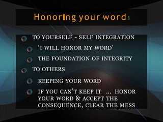 Honor ng your word 1
TO YOURSELF - SELF INTEGRATION
‘I WILL HONOR MY WORD’
THE FOUNDATION OF INTEGRITY
TO OTHERS
KEEPING YOUR WORD
IF YOU CAN’T KEEP IT … HONOR
YOUR WORD & ACCEPT THE
CONSEQUENCE, CLEAR THE MESS
 