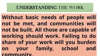 UNDERSTANDING THE WORK
Without basic needs of people will
not be met, and communities will
not be built. All those are capable of
working should work. Failing to do
share of your work will you burden
on your family, school and
 