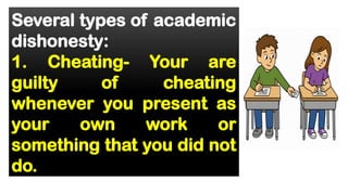 Several types of academic
dishonesty:
1. Cheating- Your are
guilty of cheating
whenever you present as
your own work or
something that you did not
do.
 