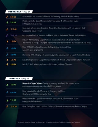 Agenda is subject to change, so please check the session catalogue/mobile for the latest list of sessions.
8:00 AM IoT in Weeks not Months. What Are You Waiting For? with Robert Schmid
How Integrity Lifecycle Manager Is Changing the World,
One Fortune 500 Company at a Time
Head over to the Digital Transformation Showcase & IoT Innovation Studio
in Xtropolis for live demos
Head over to the Digital Transformation Showcase & IoT Innovation Studio
in Xtropolis for live demos
How Failing First, Hard, and Fast Fueled a National Movement with Reshma Saujani
Redesigning Innovation: Breaking Beyond the Competition with Eric Warren, Rod
Copes and David Feygin
Pick up your lunch in Xtropolis and head over to the Premier Theater for live demos
9:00 AM
8:00 AM
9:45 AM
12:30 PM
11:15 AM
12:00 PM
Industry X.0: Realizing Digital Value in Industrial Sectors with Eric Schaeffer
The Internet of Things – a Digital Transformation Master Plan for Businesses with Ivo Rook
Breakfast Topic Tables: Start your morning with lively discussions about
the most pressing topics in Lifecycle Management
How BMW Develops Complex, Safety-Critical Systems Using
Model-based Engineering
Delivering With Integrity – A Case Study in the Development of Safety-Critical Products
3:00 PM
4:00 PM
5:15 PM
7:00 AM
Kick-Starting America’s Digital Transformation with Aneesh Chopra and Nicholas Thompson
Mix @ 6 Tech Meetup at Lawn on D; Hosted by Julian Edelman6:00 PM
WEDNESDAY - May 24
THURSDAY - May 25
1:30 PM
 