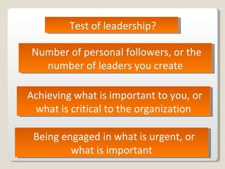 Test of leadership? Number of personal followers, or the number of leaders you create Achieving what is important to you, ...