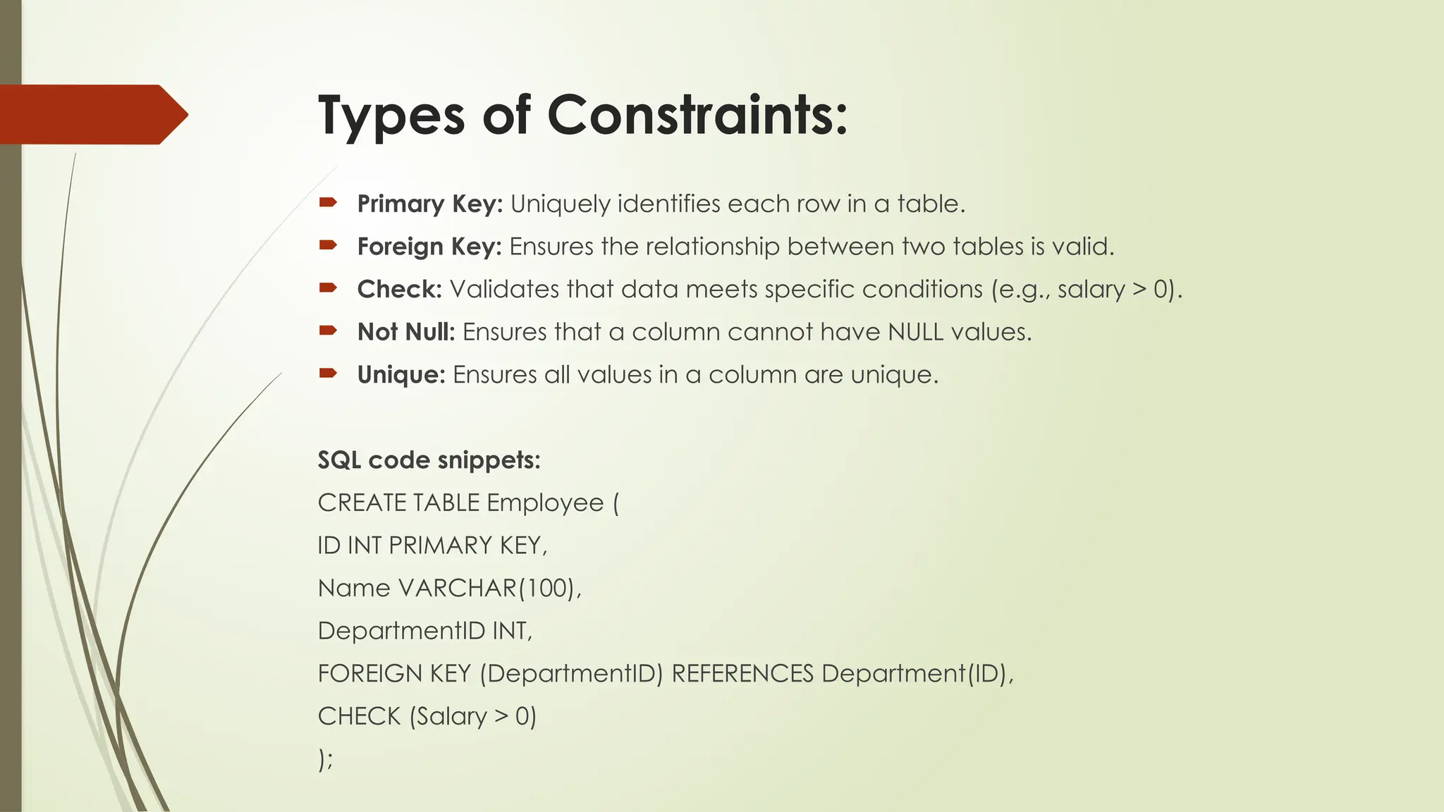 Types of Constraints:
 Primary Key: Uniquely identifies each row in a table.
 Foreign Key: Ensures the relationship between two tables is valid.
 Check: Validates that data meets specific conditions (e.g., salary > 0).
 Not Null: Ensures that a column cannot have NULL values.
 Unique: Ensures all values in a column are unique.
SQL code snippets:
CREATE TABLE Employee (
ID INT PRIMARY KEY,
Name VARCHAR(100),
DepartmentID INT,
FOREIGN KEY (DepartmentID) REFERENCES Department(ID),
CHECK (Salary > 0)
);
 