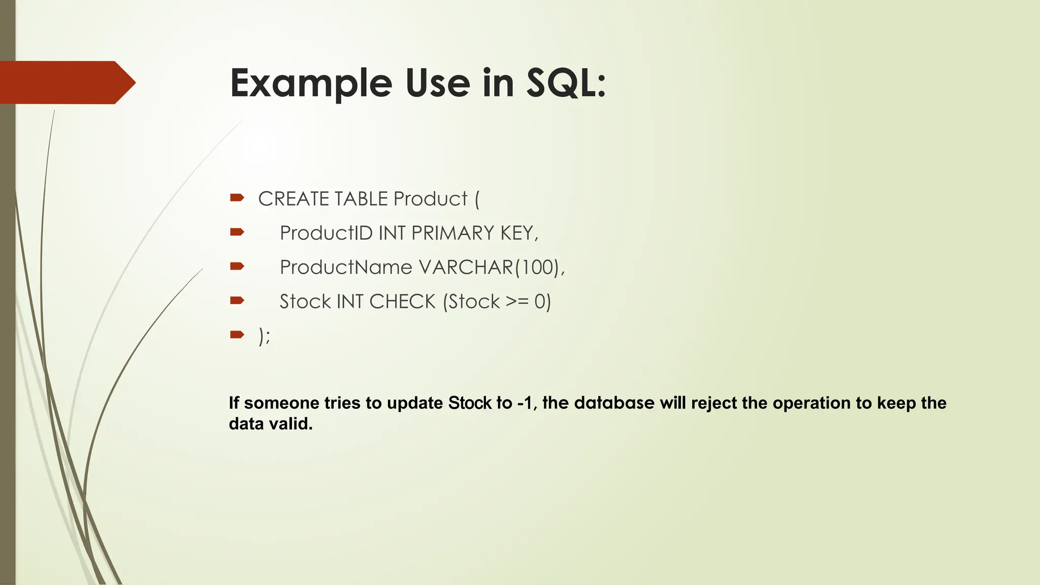 Example Use in SQL:
 CREATE TABLE Product (
 ProductID INT PRIMARY KEY,
 ProductName VARCHAR(100),
 Stock INT CHECK (Stock >= 0)
 );
If someone tries to update Stock to -1, the database will reject the operation to keep the
data valid.
 