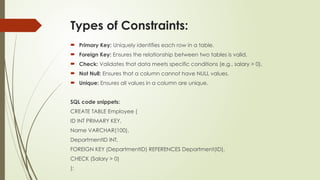 Types of Constraints:
 Primary Key: Uniquely identifies each row in a table.
 Foreign Key: Ensures the relationship between two tables is valid.
 Check: Validates that data meets specific conditions (e.g., salary > 0).
 Not Null: Ensures that a column cannot have NULL values.
 Unique: Ensures all values in a column are unique.
SQL code snippets:
CREATE TABLE Employee (
ID INT PRIMARY KEY,
Name VARCHAR(100),
DepartmentID INT,
FOREIGN KEY (DepartmentID) REFERENCES Department(ID),
CHECK (Salary > 0)
);
 