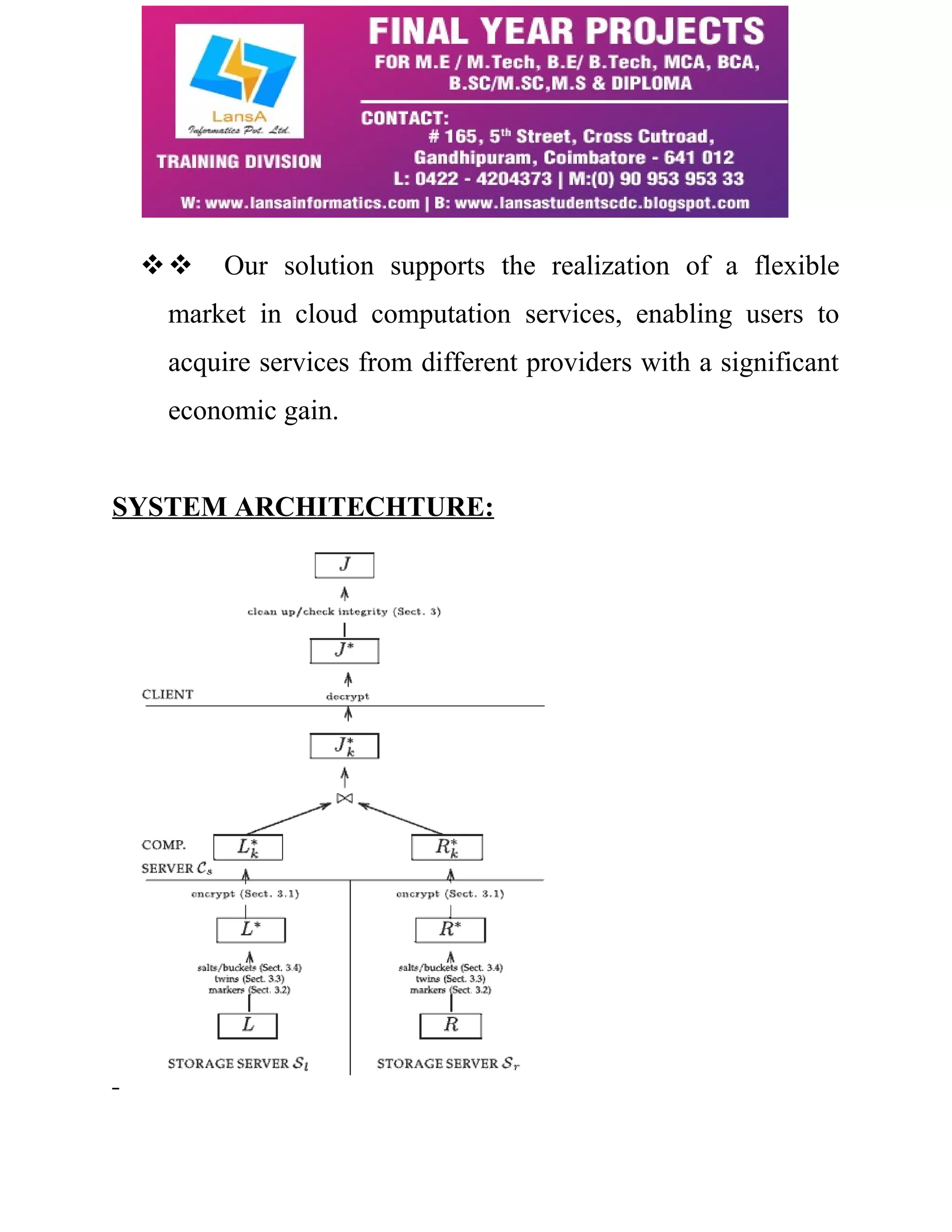  Our solution supports the realization of a flexible 
market in cloud computation services, enabling users to 
acquire services from different providers with a significant 
economic gain. 
SYSTEM ARCHITECHTURE: 
 