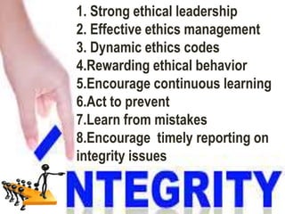 1. Strong ethical leadership
2. Effective ethics management
3. Dynamic ethics codes
4.Rewarding ethical behavior
5.Encourage continuous learning
6.Act to prevent
7.Learn from mistakes
8.Encourage timely reporting on
integrity issues
 