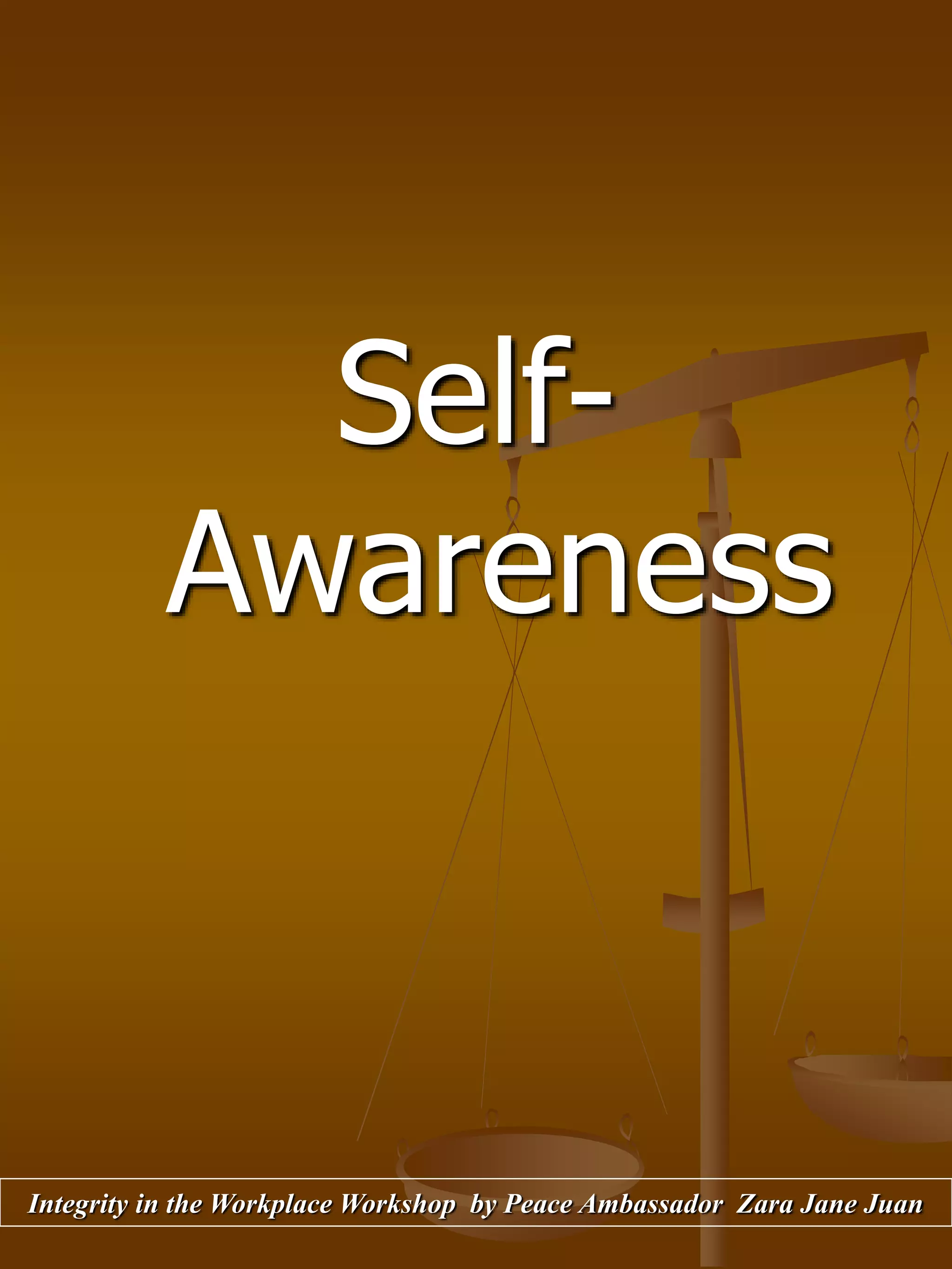 Self-
Awareness
Integrity in the Workplace Workshop by Peace Ambassador Zara Jane Juan
 