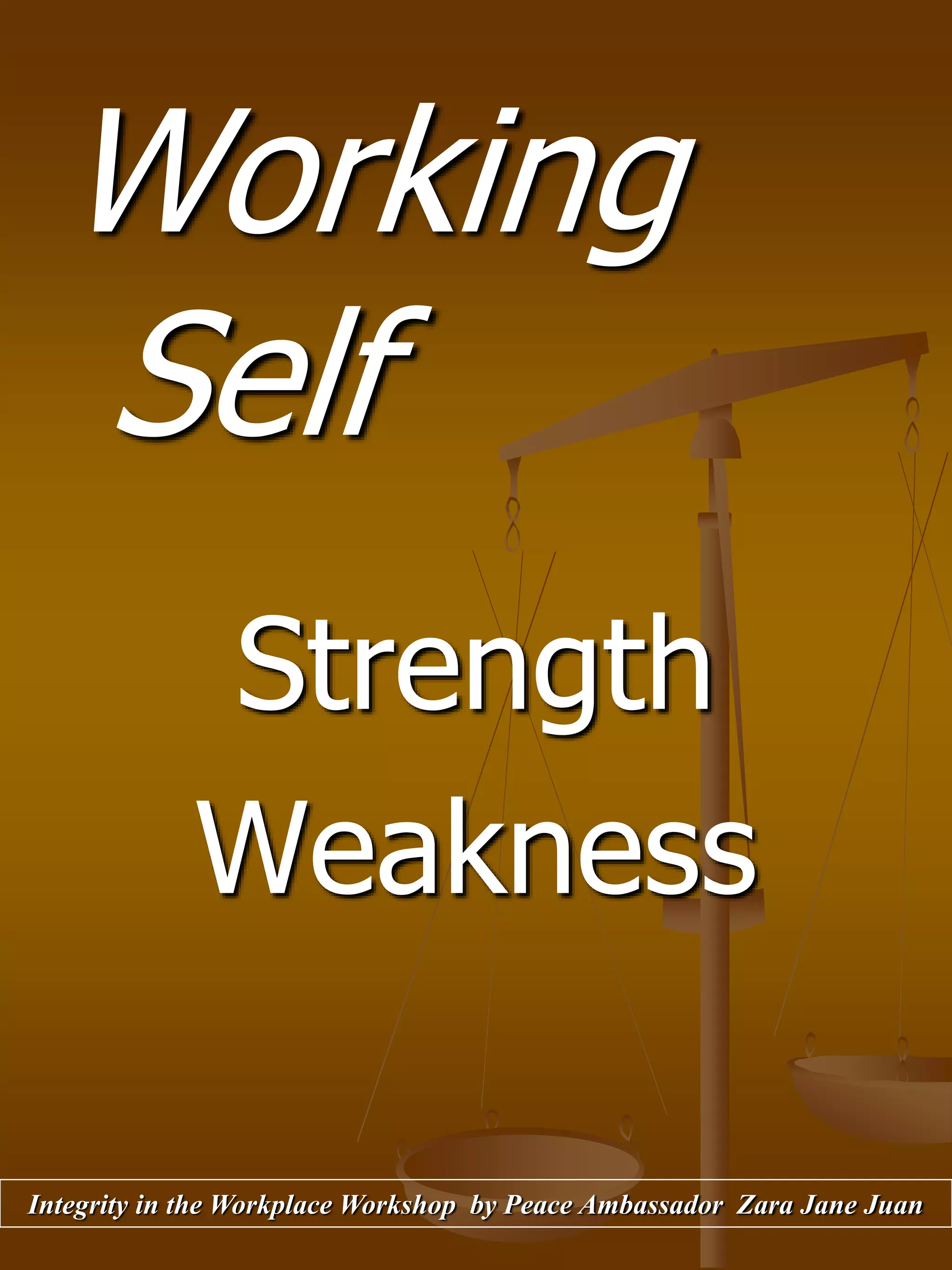 Working
Self
Strength
Weakness
Integrity in the Workplace Workshop by Peace Ambassador Zara Jane Juan
 