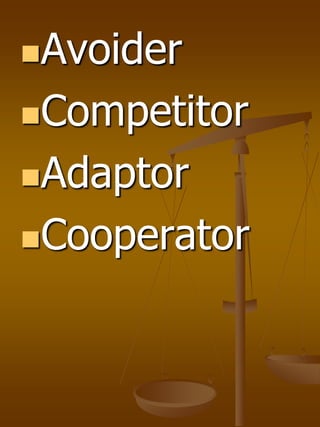Avoider
Competitor
Adaptor
Cooperator
 