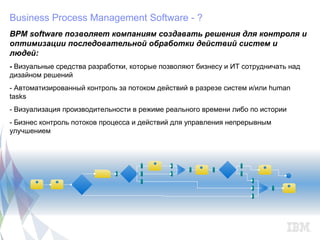 Business Process Management Software - ?
BPM software позволяет компаниям создавать решения для контроля и
оптимизации последовательной обработки действий систем и
людей:
- Визуальные средства разработки, которые позволяют бизнесу и ИТ сотрудничать над
дизайном решений
- Автоматизированный контроль за потоком действий в разрезе систем и/или human
tasks
- Визуализация производительности в режиме реального времени либо по истории
- Бизнес контроль потоков процесса и действий для управления непрерывным
улучшением
 