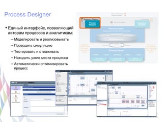 Process Designer

 Единый интерфейс, позволяющий
  авторам процессов и аналитикам:
  – Моделировать и реализовывать
  – Проводить симуляцию
  – Тестировать и отлаживать
  – Находить узкие места процесса
  – Автоматически оптимизировать
    процесс
 