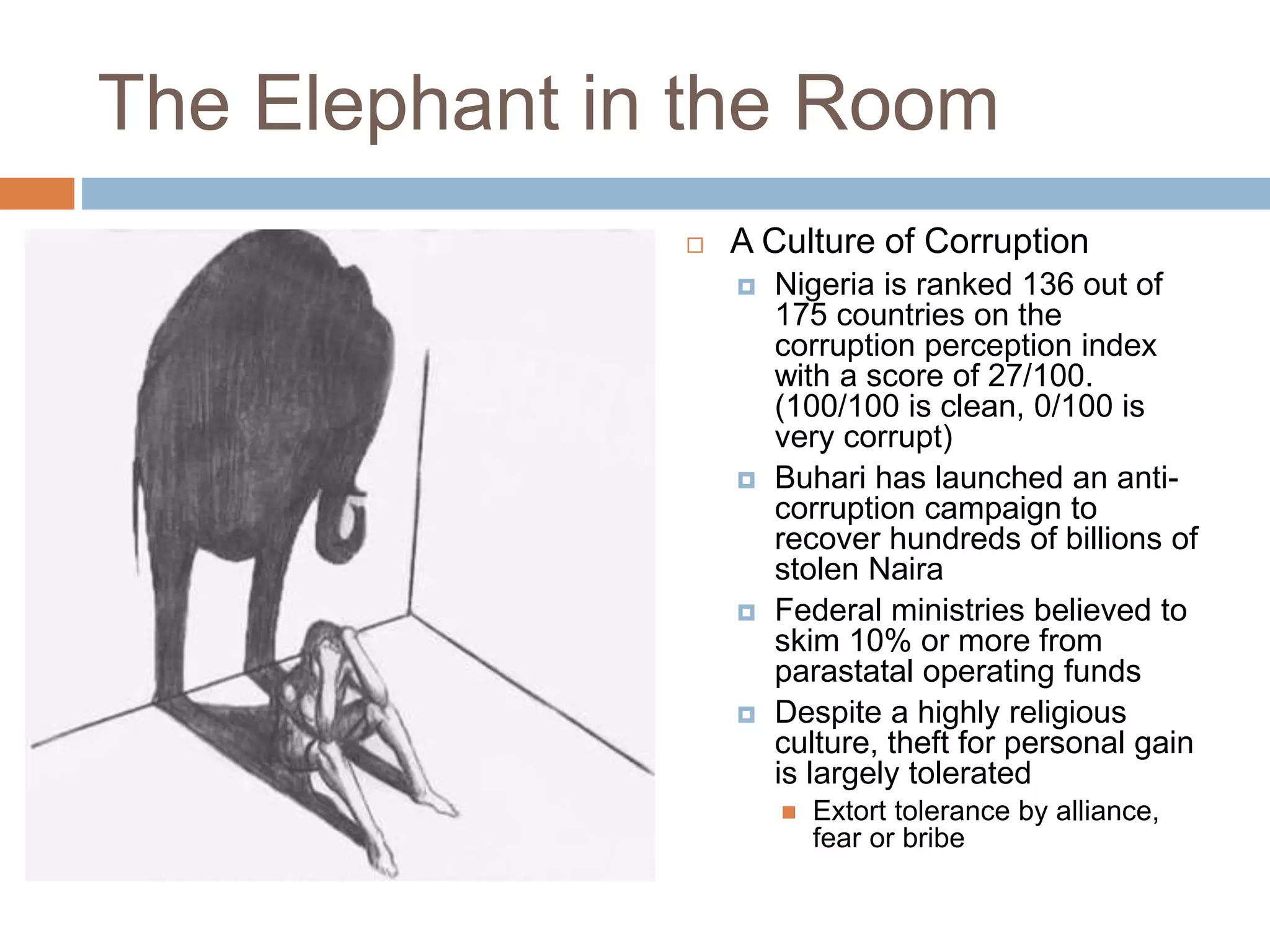 The Elephant in the Room
 A Culture of Corruption
 Nigeria is ranked 136 out of
175 countries on the
corruption perception index
with a score of 27/100.
(100/100 is clean, 0/100 is
very corrupt)
 Buhari has launched an anti-
corruption campaign to
recover hundreds of billions of
stolen Naira
 Federal ministries believed to
skim 10% or more from
parastatal operating funds
 Despite a highly religious
culture, theft for personal gain
is largely tolerated
 Extort tolerance by alliance,
fear or bribe
 