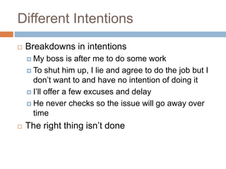 Different Intentions
 Breakdowns in intentions
 My boss is after me to do some work
 To shut him up, I lie and agree to do the job but I
don’t want to and have no intention of doing it
 I’ll offer a few excuses and delay
 He never checks so the issue will go away over
time
 The right thing isn’t done
 