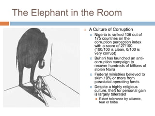 The Elephant in the Room
 A Culture of Corruption
 Nigeria is ranked 136 out of
175 countries on the
corruption perception index
with a score of 27/100.
(100/100 is clean, 0/100 is
very corrupt)
 Buhari has launched an anti-
corruption campaign to
recover hundreds of billions of
stolen Naira
 Federal ministries believed to
skim 10% or more from
parastatal operating funds
 Despite a highly religious
culture, theft for personal gain
is largely tolerated
 Extort tolerance by alliance,
fear or bribe
 