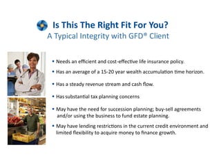 Is This The Right Fit For You?
A Typical Integrity with GFD® Client

  Needs an eﬃcient and cost-eﬀec ve life insurance policy.
  Has an average of a 15-20 year wealth accumula on me horizon.

  Has a steady revenue stream and cash ﬂow.

  Has substan al tax planning concerns

  May have the need for succession planning; buy-sell agreements
   and/or using the business to fund estate planning.
  May have lending restric ons in the current credit environment and
   limited ﬂexibility to acquire money to ﬁnance growth.
 