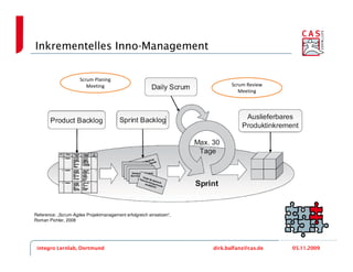 Inkrementelles Inno-Management

                      Scrum Planing
                         Meeting                                           Scrum Review
                                                                              Meeting




Reference: „Scrum-Agiles Projektmanagement erfolgreich einsetzen“,
Roman Pichler, 2008




 integro Lernlab, Dortmund                                           dirk.balfanz@cas.de   05.11.2009
 