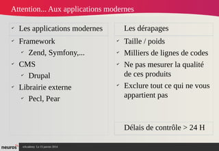 nAcademy Le 15 janvier 2014 Neuros -
✔
Framework
✔
Zend, Symfony,...
✔
CMS
✔
Drupal
✔
Librairie externe
✔
Pecl, Pear
✔
Taille / poids
✔
Milliers de lignes de codes
✔
Ne pas mesurer la qualité
de ces produits
✔
Exclure tout ce qui ne vous
appartient pas
✔
Les applications modernes Les dérapages
Attention... Aux applications modernes
Délais de contrôle > 24 H
 