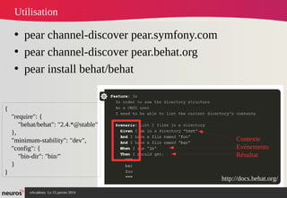 nAcademy Le 15 janvier 2014 Neuros -
Utilisation
• pear channel-discover pear.symfony.com
• pear channel-discover pear.behat.org
• pear install behat/behat
http://docs.behat.org/
{
"require": {
"behat/behat": "2.4.*@stable"
},
"minimum-stability": "dev",
"config": {
"bin-dir": "bin/"
}
}
Contexte
Evénements
Résultat
 