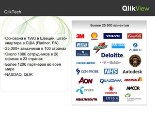 QlikTech


                                     Более 25 000 клиентов


• Основана в 1993 в Швеции, штаб-
  квартира в США (Radnor, PA)
• 25,000+ заказчиков в 100 странах
• Около 1000 сотрудников в 28
  офисах в 23 странах
• Более 1200 партнеров во всем
  мире
• NASDAQ: QLIK
 