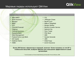 Мировые лидеры используют QlikView


                                                Репрезентативные клиенты

    ABN AMRO                                                         ITG
    AON Insurance                                                    JPMorgan Chase
    Barclays                                                         Merrill Lynch
    BB&T                                                             Millburn Ridgefield
    CFC                                                              Morgan Stanley
    Churchill Financial                                              Moody's Investor Service
    Citigroup                                                        National City
    Colonial Insurance                                               Penn Treaty
    Deutsche Bank                                                    PNC Bank
    Elliott Management                                               SEB
    Federal Home Loan Bank                                           Societe Generale
    GE Capital                                                       UBS
    Goldman Sachs                                                    Wells Fargo
    HSBC                                                             Zurich Insurance



       Более 250 банков и финансовых компаний, включая более половины из топ-25* в
         глобальном масштабе, выбрали QlikView для повышения эффективности своей
                                       организации

                           * Топ-25 основано на Fortune Global Banking and Securities Firms by Revenue, 2008
 