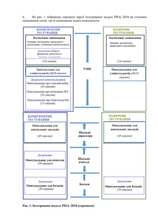 6. На рис. 1 зображено спрощені версії інтегрованої моделі PISA–2018 як стосовно
оцінювання учнів, так й оцінювання інших компонентів.
Рис. 1. Інтегрована модель PISA–2018 (спрощена)
Опитувальник для
учнів/студентів (30/35 хвилин)
Опитувальник для
учнів/студентів (30/35
хвилин)
Опитувальник для
навчальних закладів
(45 хвилин)
Опитувальник для
навчальних закладів
(45 хвилин)
 