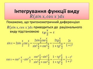 Інтегрування функції виду
Покажемо, що тригонометричний диференціал
приводиться до раціонального
виду підстановкою
 