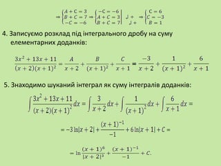 4. Записуємо розклад під інтегрального дробу на суму
елементарних доданків:
5. Знаходимо шуканий інтеграл як суму інтегралів доданків:
 