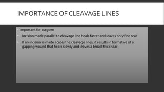 IMPORTANCE OF CLEAVAGE LINES
 Important for surgoen
• Incision made parallel to cleavage line heals faster and leaves only fine scar
• If an incision is made across the cleavage lines, it results in formative of a
gapping wound that heals slowly and leaves a broad thick scar
 