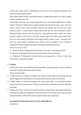 moyang dari bangsa reptile. Pertumbuhan awal dari bulu sama dengan pertumbuhan sisik
yang berawal dari papilla dermis.
Bulu adalah struktur keratin yang karakteristiknya terdapat pada bangsa aves, dan di anggap
sebagai modifikasi dari sisik.
Pertumbuhan awal bulu sama denga pertumbuhan awal sisik, dengan papilla dermis sebagai
struktur permulaan. Sebagian besar unggas memiliki dua bentuk bulu dasar, yaitu: bulu luar
(pluma, jamak plumae) yang berstruktur menyirip dan tampak dari luar dan bulu dalam
(plumula, jamak -e) yang berada di dalam lapisan bulu luar dan tidak berstruktur (terurai).
Beberapa burung memiliki bulu tipe yang lain, yang berbentuk seperti rambut dan disebut
filopluma (jamak~e).Jenis bulu ini, bila ada, mengisi bagian bulu dalam yang lembut. Bulu-
bulu luar yang tumbuh membentuk sayap unggas disebut sebagai remiges, sementara bulu-
bulu luar yang tumbuh membentuk ekor disebut rectrices (tunggal: rectrix). Keduanya
merupakan bulu-bulu yang penting dalam menentukan kemampuan terbang.
Macam-macam jenis bulu :
a) Pennae  Hanya terdapat pada daerah tertentu dari tubuh , yaitu daerah pterylae.
b) Plumula  Merupakan bulu-bulu yang kecil dengan rachis yang banyak.
c) Filoplumae  Merupakan bulu-bulu rambut yang sangat halus , terdiri ari rechis dan
rami, kalamus yang telah tereduksi.
 TANDUK
Adalah nama umum yang diberikan kepada penonjolan yang panjang dan runcing, bercabang
atau tidak bercabang pada kepala bagian frontal.
Macam-macam tanduk :
1) Tanduk kosong  seludang zat tanduk yang melapisi sumbu tulang, tak bercabang dan tak
pernah tinggal, pada beberapa hewan yang baik pertumbuhannya pada hewan jantan.
2) Tanduk rambut  disebut pula dengan cula, seperti pada badak. Yaitu kumpulan rambut-
rambut yang telah mengalami fusi. Cula atau tanduk rambut tidak dapat lepas dan tidak pula
bercabang.
3) Rangga atau antler  pada rusa terdapat penonjolan tulang frontal yang dapat tumbuh dan
bercabang dan dapat pula dilepaskan, jadi bukan derivate kulit, lapisan kulit hanya ada pada
saat pertumbuhan, setelah ukuran penuh dicapai kulitnya akan mengelupas.
II.4 SISTEM INTEGUMEN KULIT PADA VERTEBRATA
1. MAMALIA
 