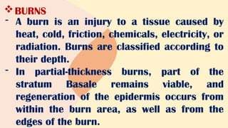 BURNS
- A burn is an injury to a tissue caused by
heat, cold, friction, chemicals, electricity, or
radiation. Burns are classified according to
their depth.
- In partial-thickness burns, part of the
stratum Basale remains viable, and
regeneration of the epidermis occurs from
within the burn area, as well as from the
edges of the burn.
 